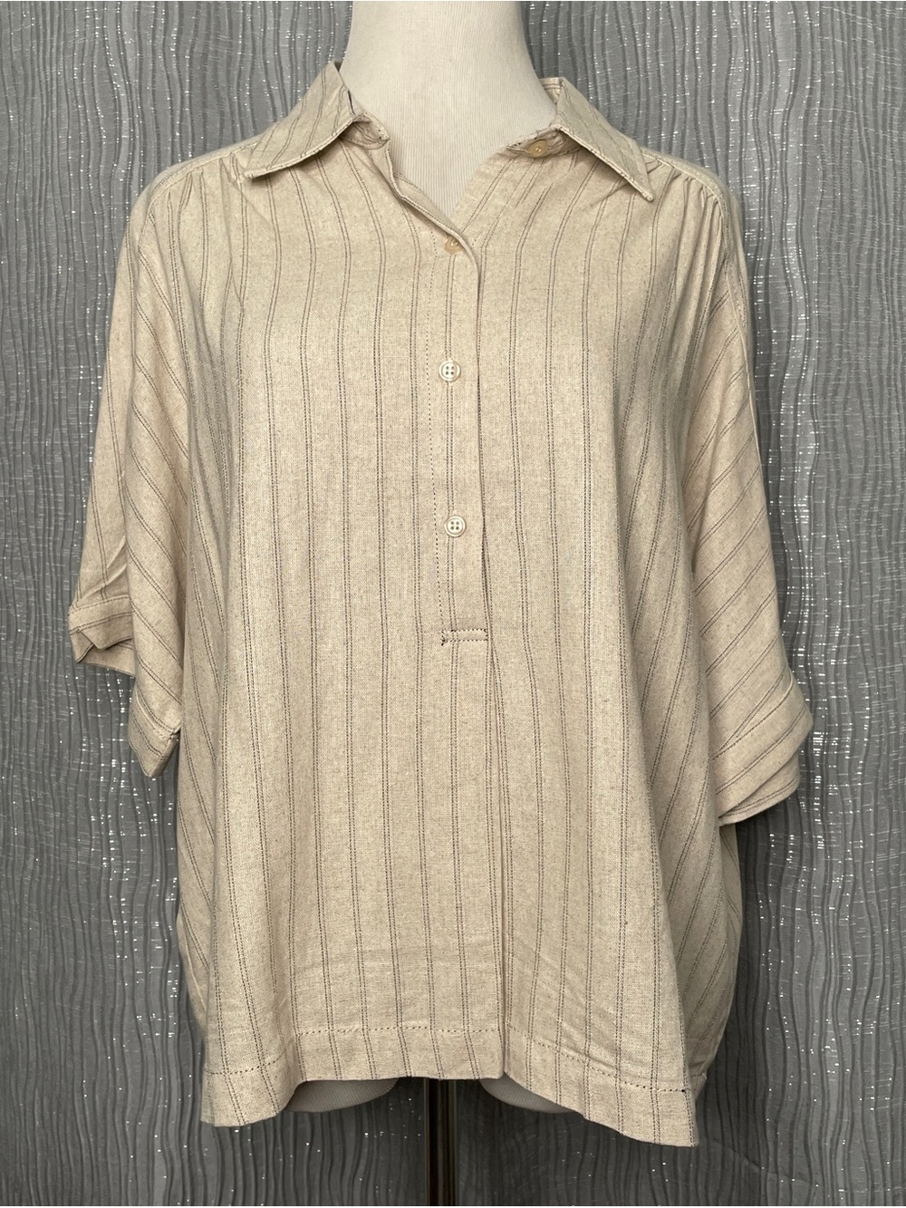 Max Studio Boxy Pinstripe Linen Blend 1/2 Button-Front Top